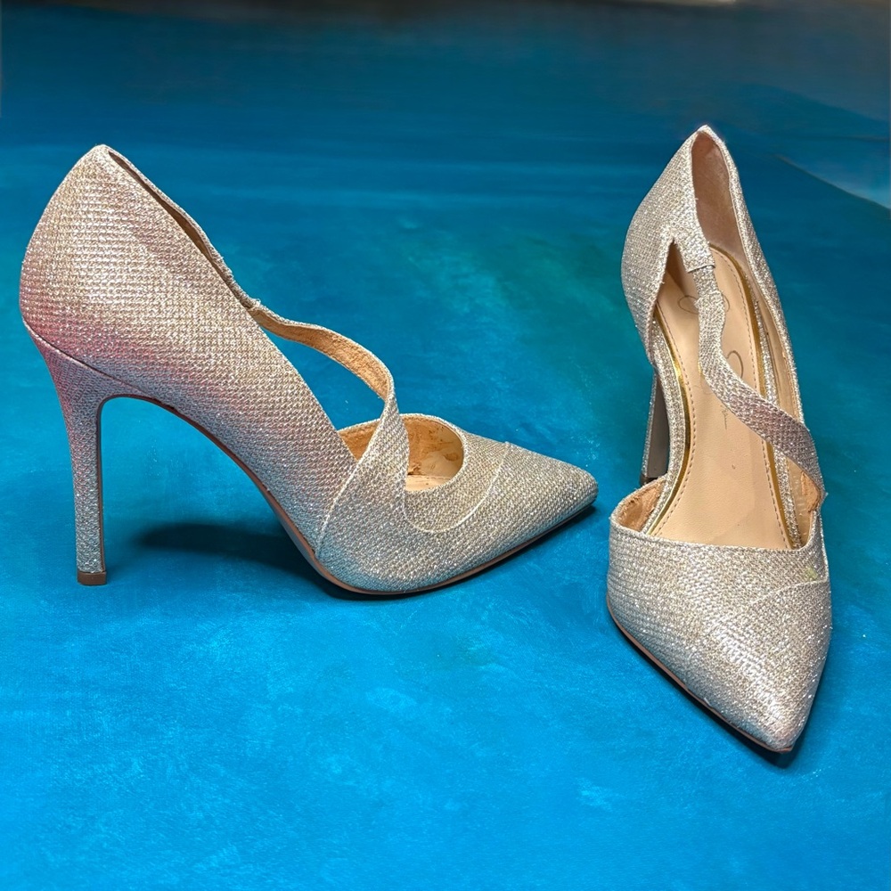 Jessica Simpson Metallic Gold Sparkle Mesh Pump Stiletto Heels Size 7M 37 Strap